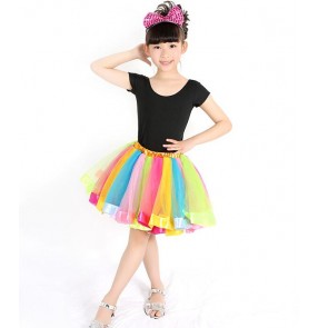 Black shorts sleeves tops rainbow striped skirts girls kids children performance school play competition latin salsa cha cha dancing dresses set outfits